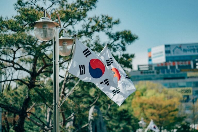 South Korean flags, illustrative stock photograph